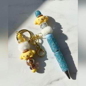 ✨ Sanrio Pompompurin Rhinestone Beaded Pen & Keychain Set | Kawaii Gift Bundle